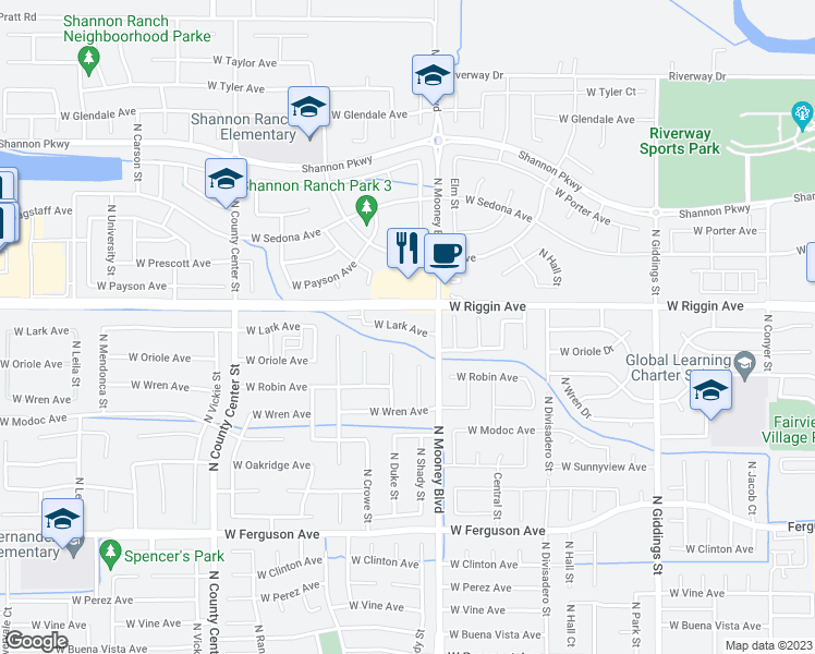 map of restaurants, bars, coffee shops, grocery stores, and more near 2203 West Lark Avenue in Visalia