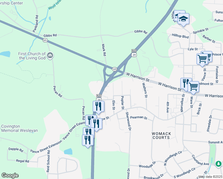 map of restaurants, bars, coffee shops, grocery stores, and more near 821 Elm Street in Reidsville