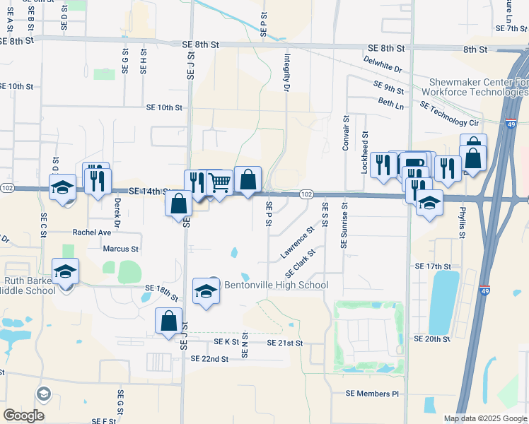 map of restaurants, bars, coffee shops, grocery stores, and more near 1502 Southeast P Street in Bentonville