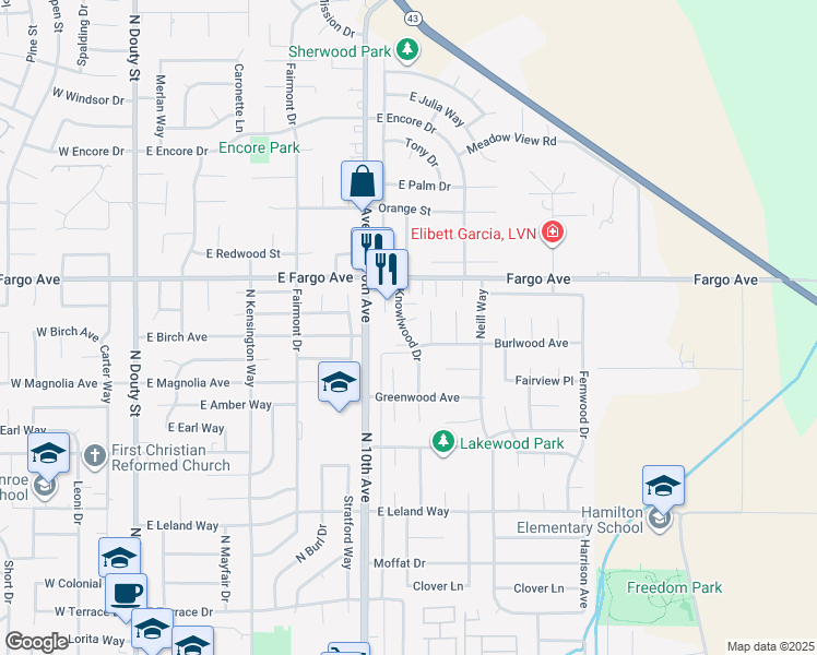 map of restaurants, bars, coffee shops, grocery stores, and more near 2405-2415 Knowlwood Drive in Hanford
