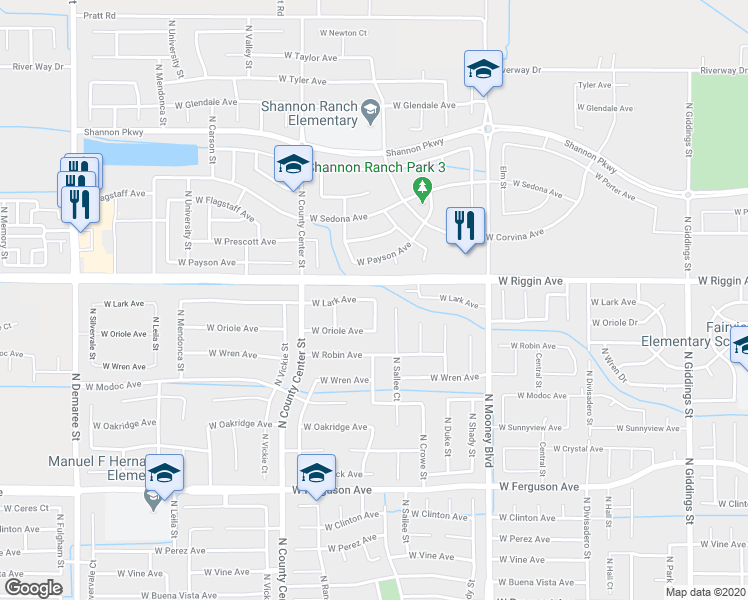 map of restaurants, bars, coffee shops, grocery stores, and more near 2905 North Zachary Street in Visalia