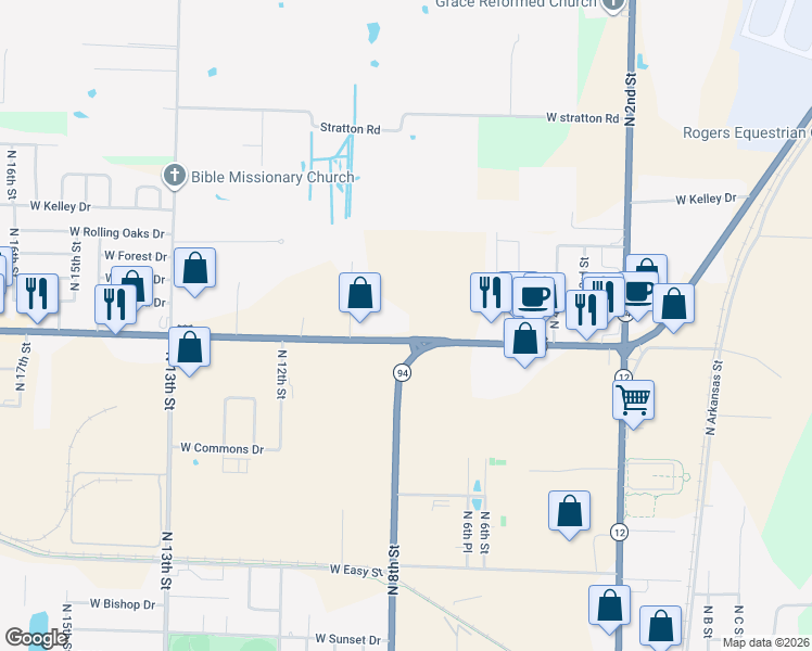 map of restaurants, bars, coffee shops, grocery stores, and more near 801 West Hudson Road in Rogers