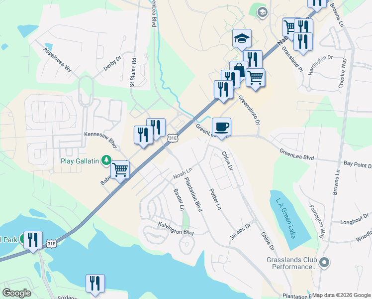 map of restaurants, bars, coffee shops, grocery stores, and more near 1272 Potter Lane in Gallatin