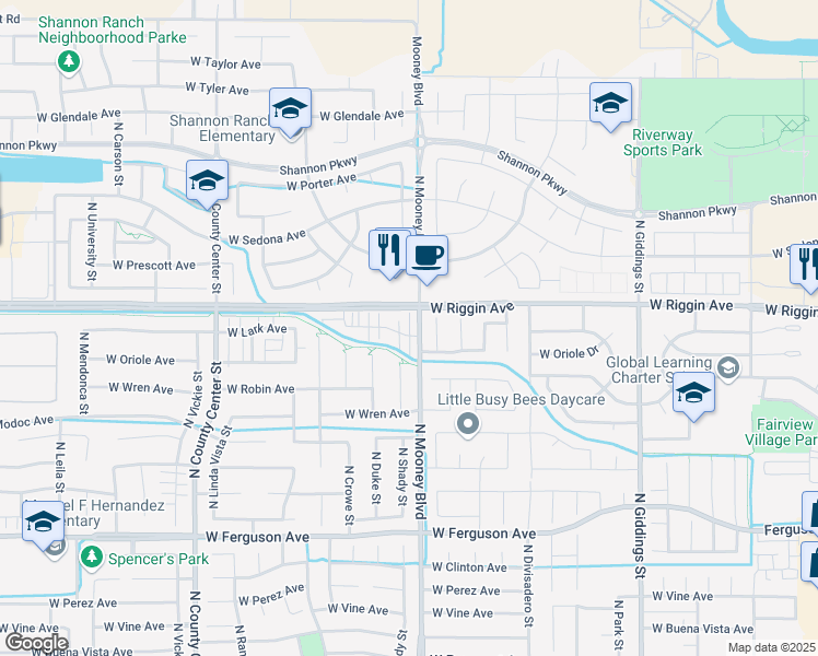 map of restaurants, bars, coffee shops, grocery stores, and more near 2110 West Lark Avenue in Visalia