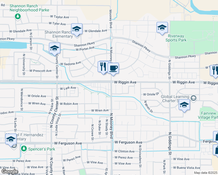 map of restaurants, bars, coffee shops, grocery stores, and more near 2106 West Lark Avenue in Visalia