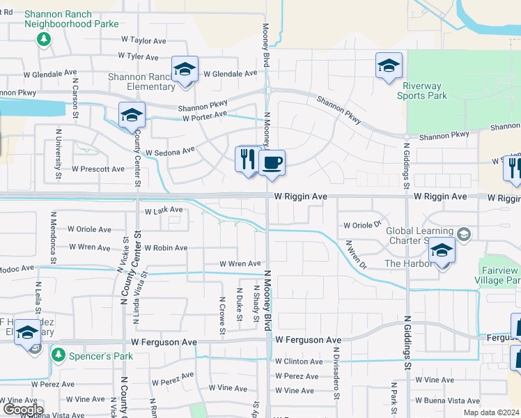 map of restaurants, bars, coffee shops, grocery stores, and more near 2108 West Lark Avenue in Visalia