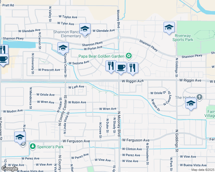 map of restaurants, bars, coffee shops, grocery stores, and more near 2223 West Lark Avenue in Visalia