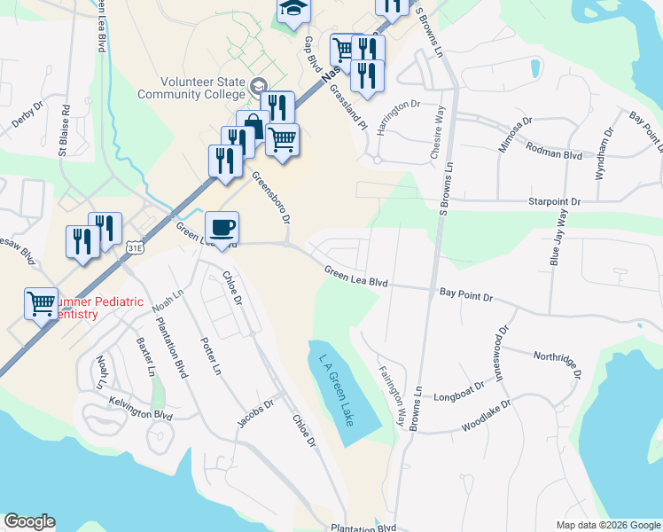 map of restaurants, bars, coffee shops, grocery stores, and more near 350 Madeira Place in Gallatin