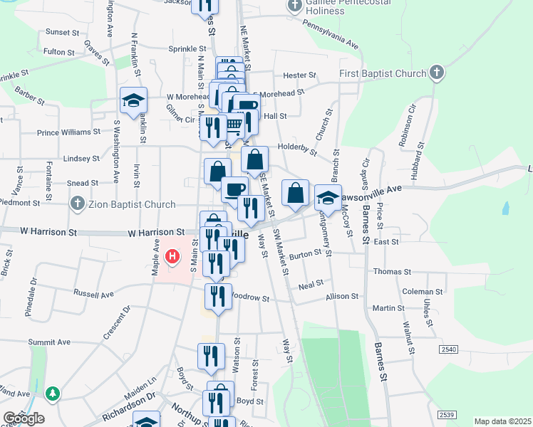 map of restaurants, bars, coffee shops, grocery stores, and more near 521 Southwest Market Street in Reidsville
