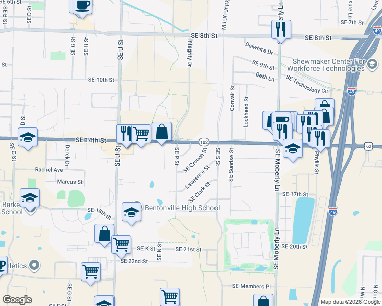 map of restaurants, bars, coffee shops, grocery stores, and more near 1801 Crouch Street in Bentonville