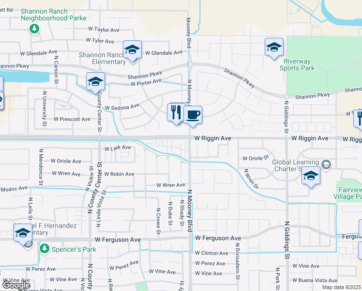 map of restaurants, bars, coffee shops, grocery stores, and more near 2130 West Lark Avenue in Visalia