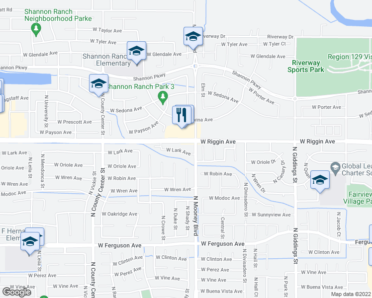 map of restaurants, bars, coffee shops, grocery stores, and more near 2128 West Lark Avenue in Visalia