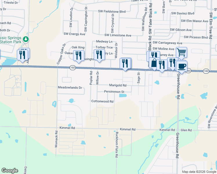 map of restaurants, bars, coffee shops, grocery stores, and more near 1231 Persimmon Street in Centerton