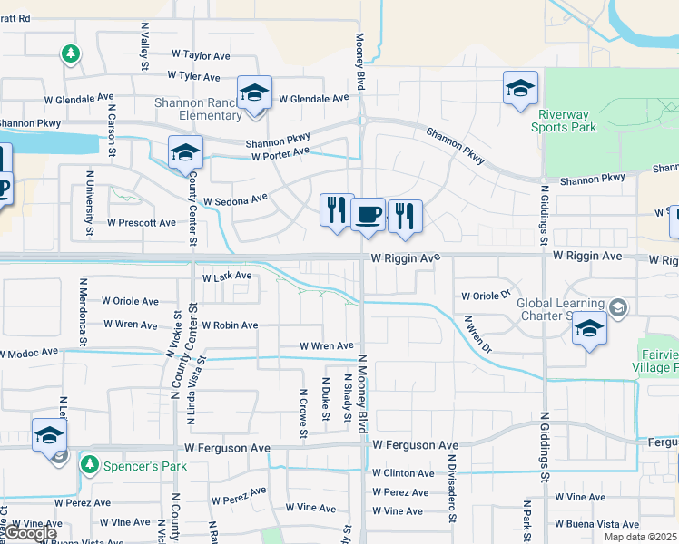 map of restaurants, bars, coffee shops, grocery stores, and more near 2221 West Lark Avenue in Visalia