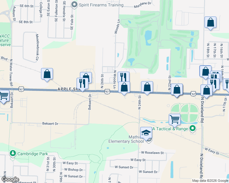 map of restaurants, bars, coffee shops, grocery stores, and more near 2526 West Hudson Road in Rogers