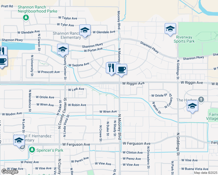 map of restaurants, bars, coffee shops, grocery stores, and more near 2214 West Lark Avenue in Visalia