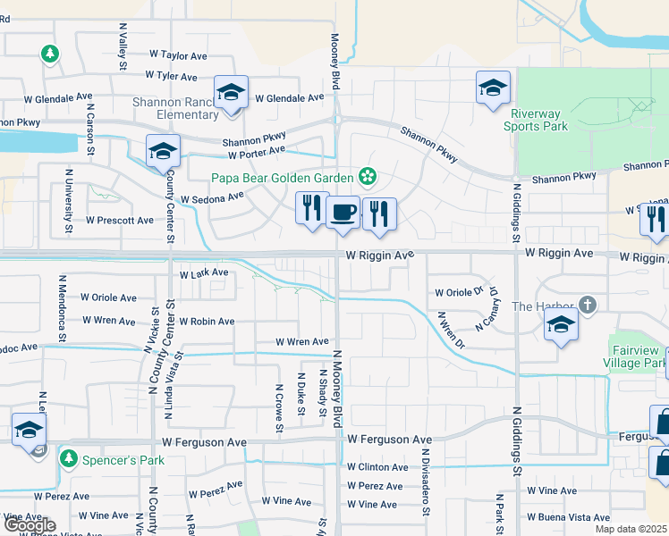 map of restaurants, bars, coffee shops, grocery stores, and more near 2100 West Lark Avenue in Visalia