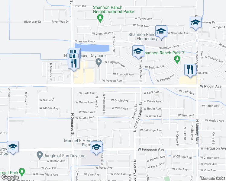 map of restaurants, bars, coffee shops, grocery stores, and more near 3312 West Lark Avenue in Visalia