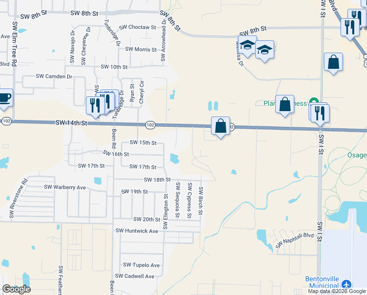 map of restaurants, bars, coffee shops, grocery stores, and more near 3 Lindy Lane in Bentonville