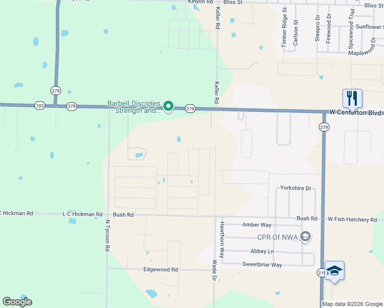map of restaurants, bars, coffee shops, grocery stores, and more near 1879 West Centerton Boulevard in Centerton