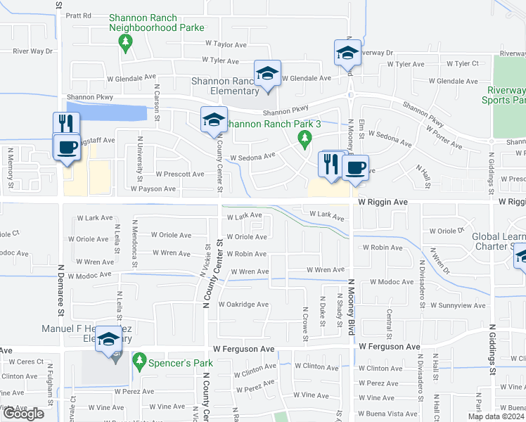 map of restaurants, bars, coffee shops, grocery stores, and more near 2520 West Lark Avenue in Visalia