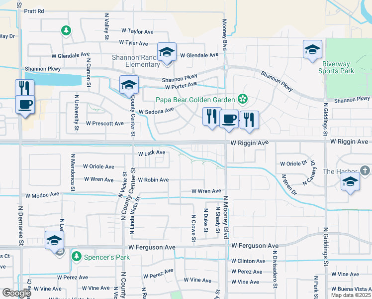 map of restaurants, bars, coffee shops, grocery stores, and more near 2921 North Crowe Street in Visalia