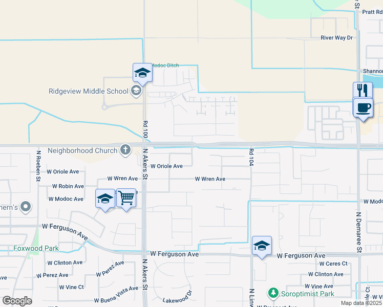 map of restaurants, bars, coffee shops, grocery stores, and more near 4428 West Lark Avenue in Visalia