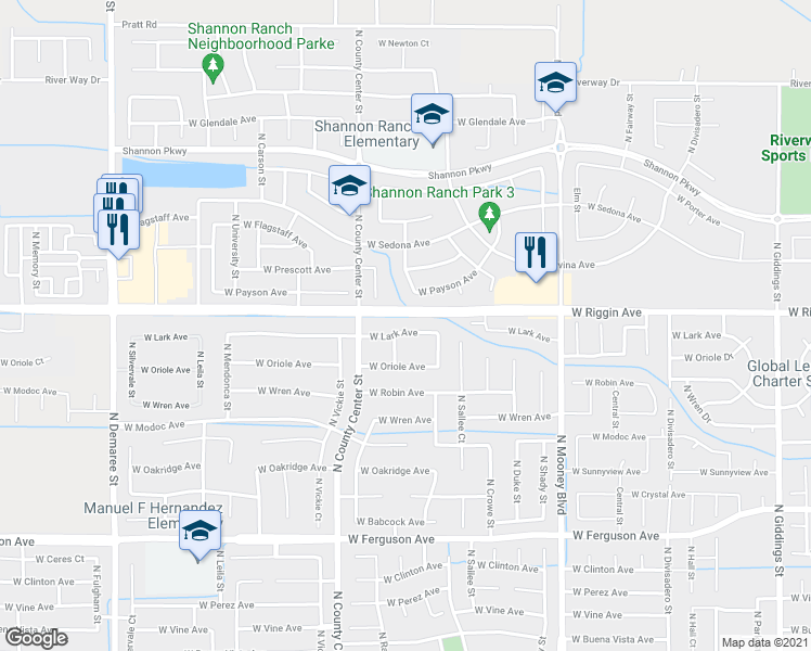 map of restaurants, bars, coffee shops, grocery stores, and more near 2632 West Lark Avenue in Visalia