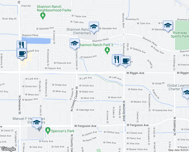 map of restaurants, bars, coffee shops, grocery stores, and more near 2502 West Lark Avenue in Visalia