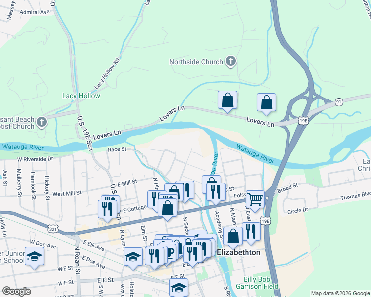 map of restaurants, bars, coffee shops, grocery stores, and more near 901 Majestic View Court in Elizabethton