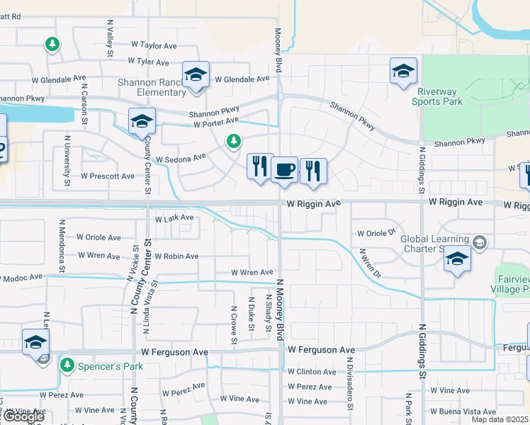 map of restaurants, bars, coffee shops, grocery stores, and more near 2100 West Lark Avenue in Visalia