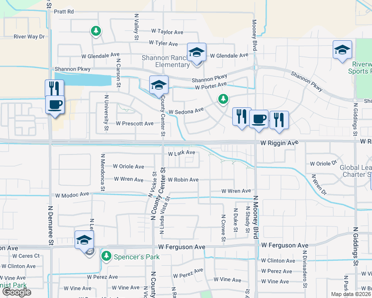 map of restaurants, bars, coffee shops, grocery stores, and more near 2900 North Terrace Street in Visalia