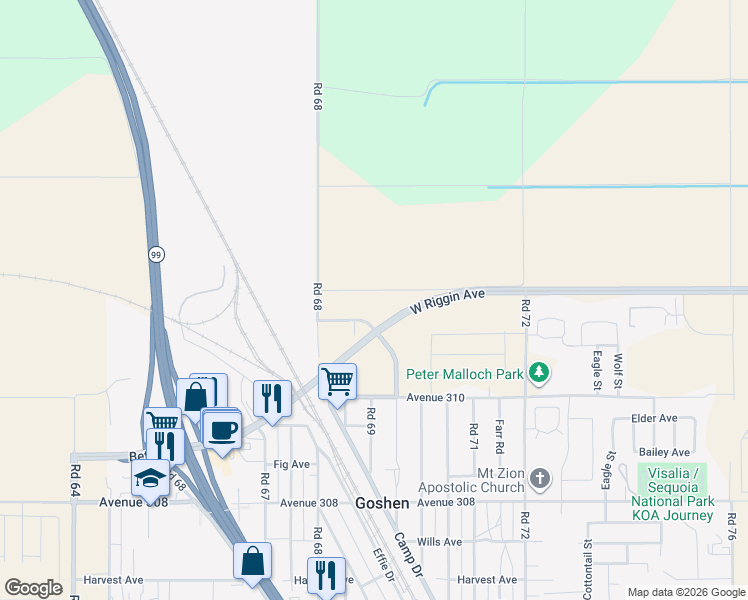 map of restaurants, bars, coffee shops, grocery stores, and more near Robinson Road in Visalia