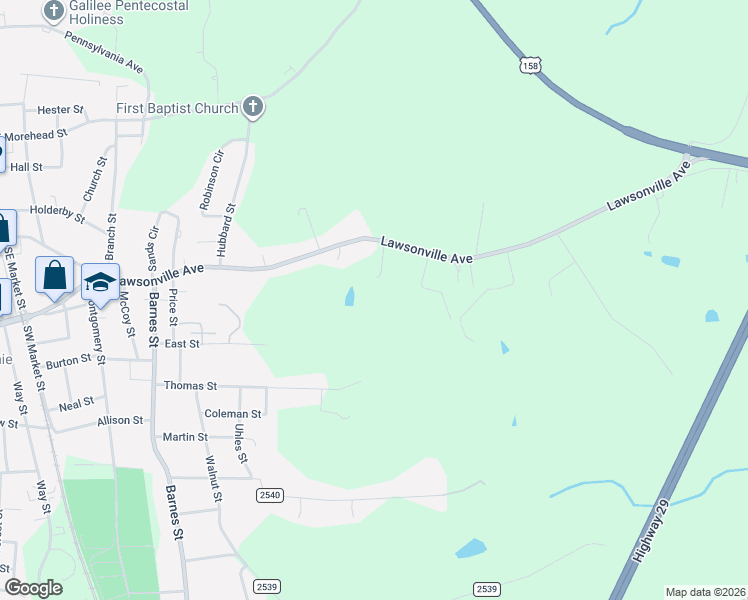map of restaurants, bars, coffee shops, grocery stores, and more near 916 Pettigrew Street in Reidsville
