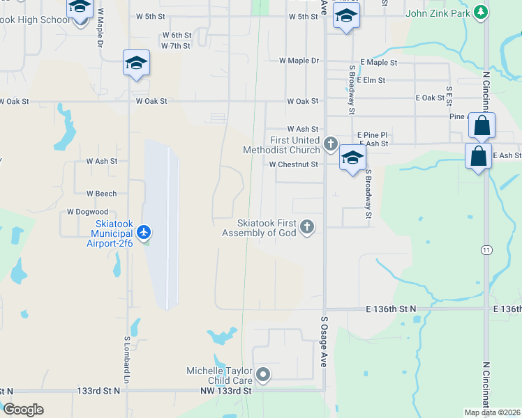 map of restaurants, bars, coffee shops, grocery stores, and more near South Russell Street in Skiatook