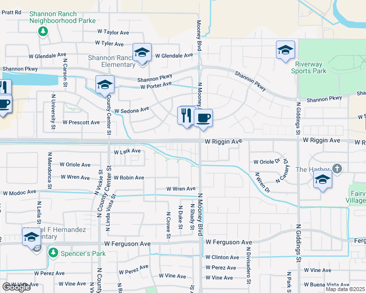 map of restaurants, bars, coffee shops, grocery stores, and more near 2212 West Lark Avenue in Visalia