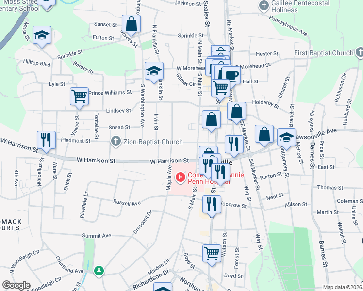 map of restaurants, bars, coffee shops, grocery stores, and more near 409 Maple Avenue in Reidsville