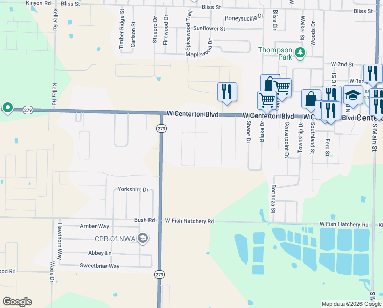 map of restaurants, bars, coffee shops, grocery stores, and more near 216 Monroe Street in Centerton