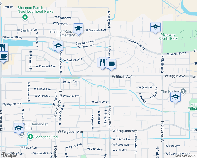 map of restaurants, bars, coffee shops, grocery stores, and more near 2226 West Lark Avenue in Visalia