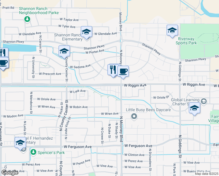 map of restaurants, bars, coffee shops, grocery stores, and more near 2222 West Lark Avenue in Visalia