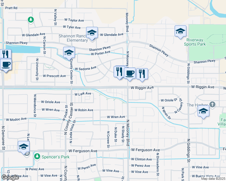 map of restaurants, bars, coffee shops, grocery stores, and more near 2240 West Lark Avenue in Visalia
