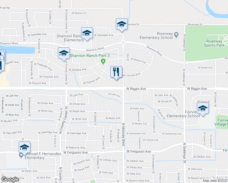 map of restaurants, bars, coffee shops, grocery stores, and more near 2221 West Lark Avenue in Visalia