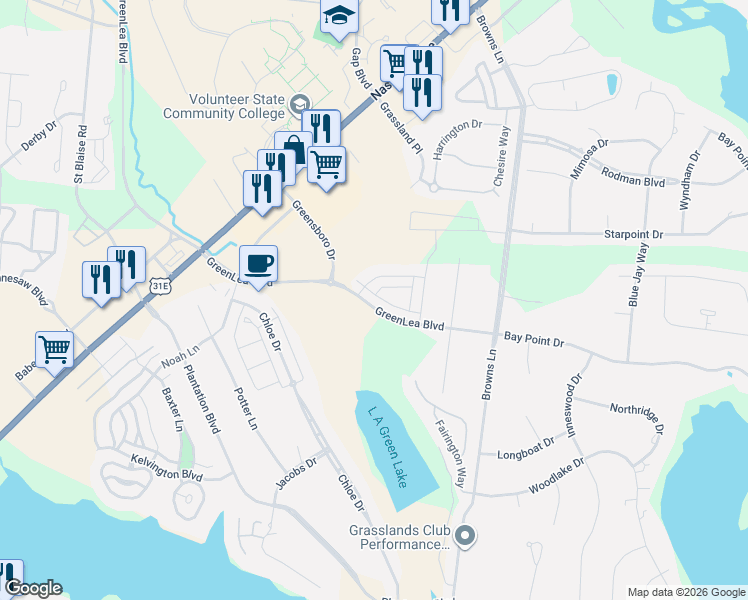 map of restaurants, bars, coffee shops, grocery stores, and more near 1045 Greensboro Drive in Gallatin