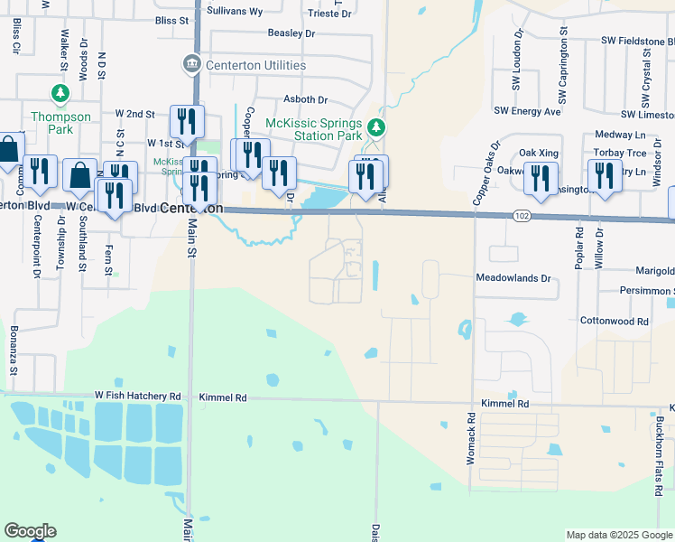 map of restaurants, bars, coffee shops, grocery stores, and more near 501 East Centerton Boulevard in Centerton
