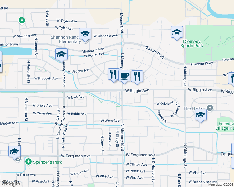 map of restaurants, bars, coffee shops, grocery stores, and more near 2126 West Lark Avenue in Visalia