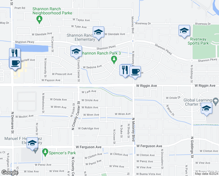 map of restaurants, bars, coffee shops, grocery stores, and more near 2935 North Crowe Street in Visalia