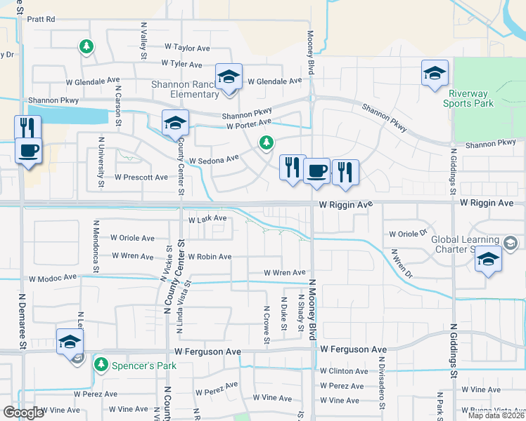 map of restaurants, bars, coffee shops, grocery stores, and more near 2941 North Crowe Street in Visalia