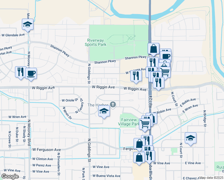 map of restaurants, bars, coffee shops, grocery stores, and more near 1001 West Riggin Avenue in Visalia