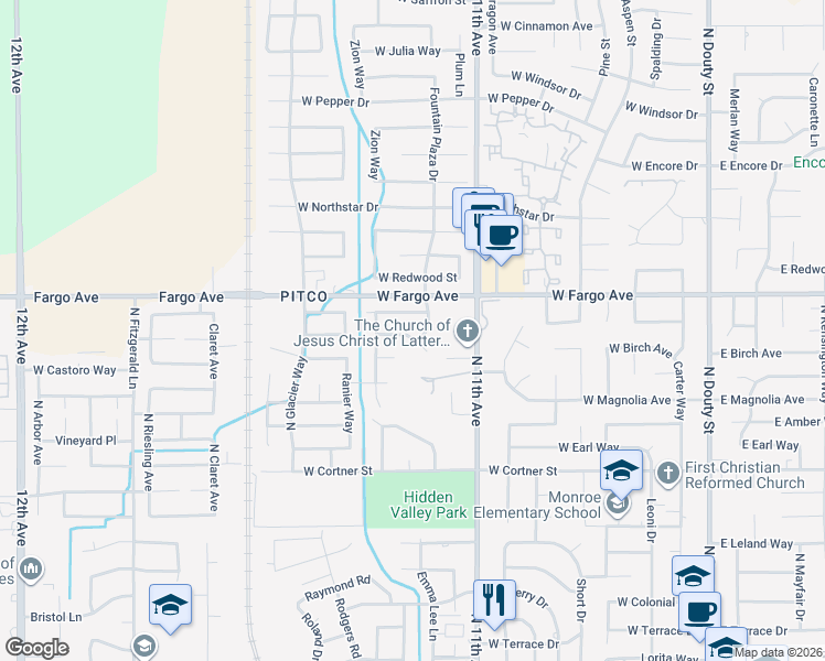 map of restaurants, bars, coffee shops, grocery stores, and more near 916 Upp Court in Hanford