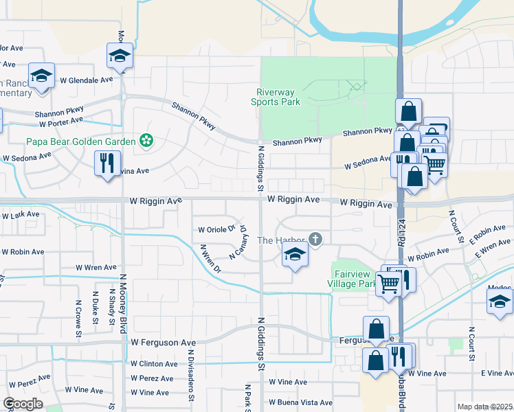 map of restaurants, bars, coffee shops, grocery stores, and more near 2935 North Giddings Street in Visalia